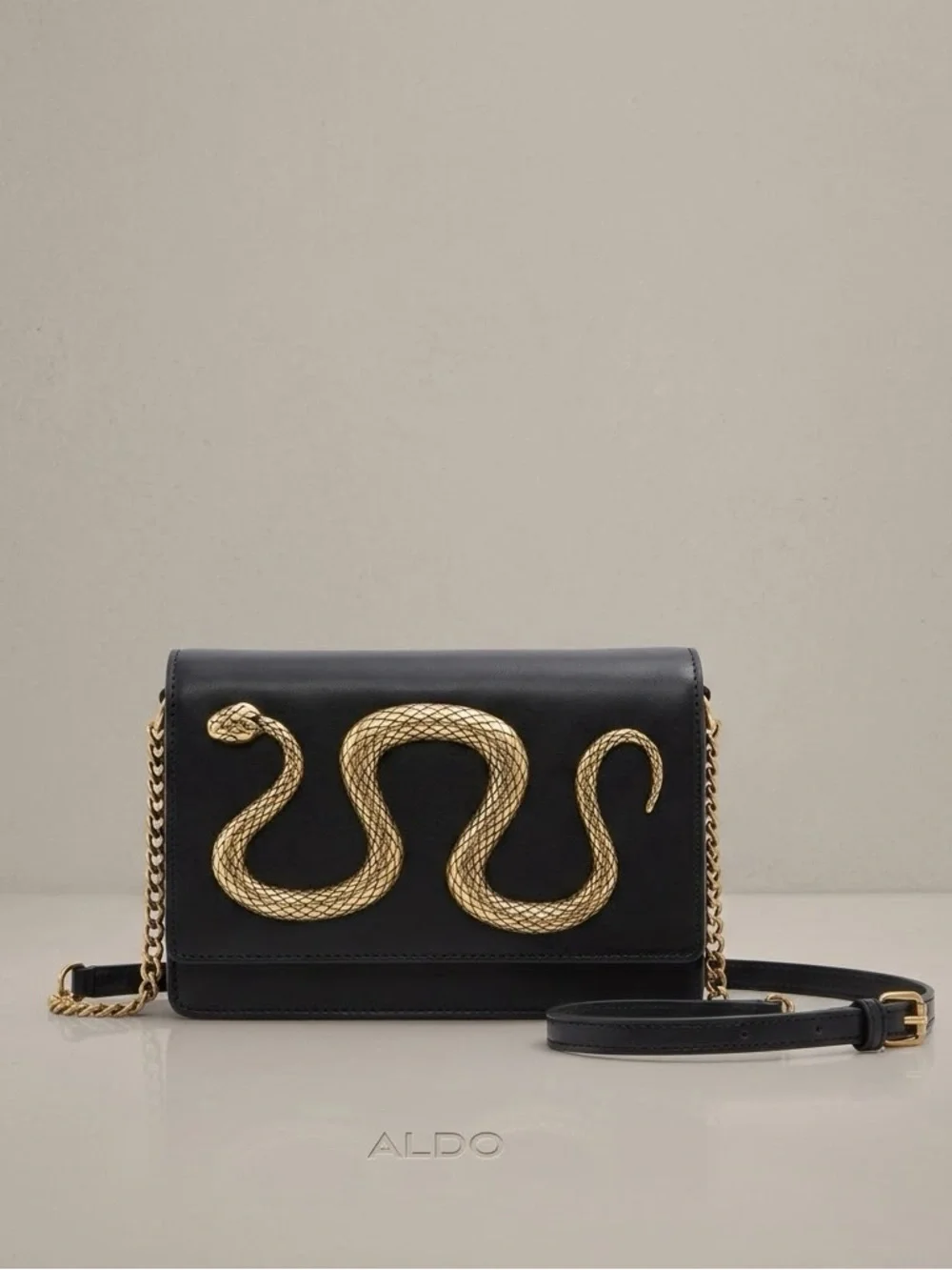 Aldo Serpent Gold Snake Metal Black Faux Leather Purse Chain Crossbody Bag NWOT